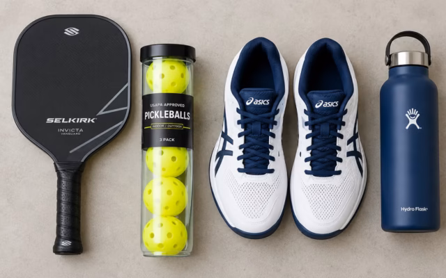 Pickleball starter kit with paddle, balls and court shoes